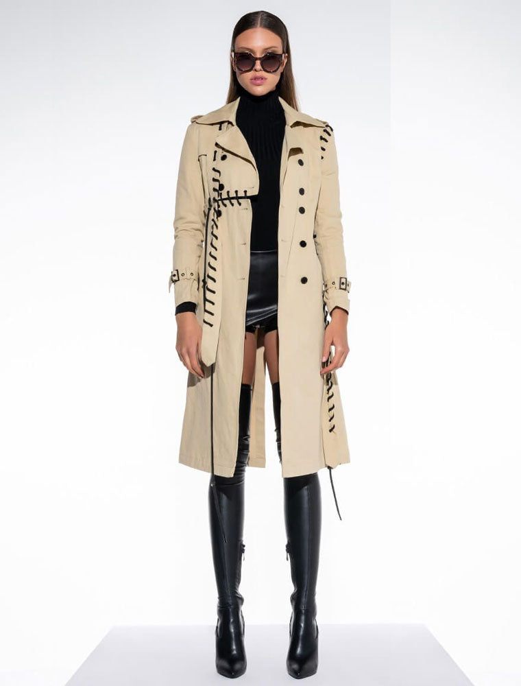 Lace Up Detail Trench Coat, Beige