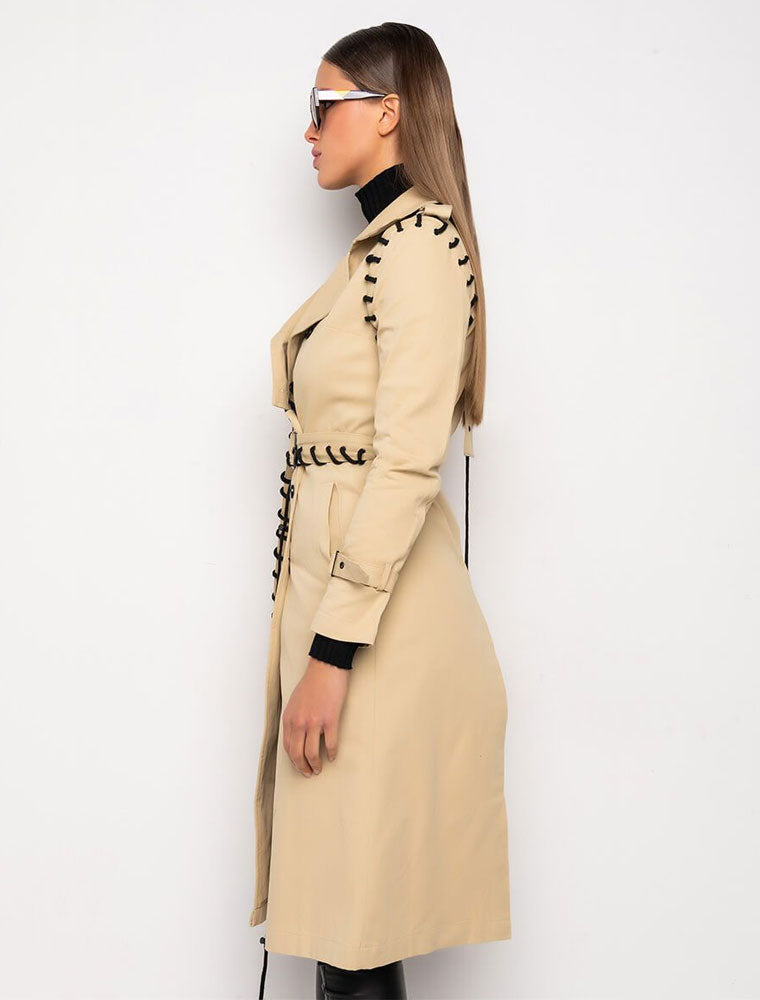 Lace Up Detail Trench Coat, Beige