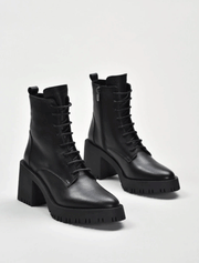 Lace-Up V-Toe Chunky Heel Leather Booties