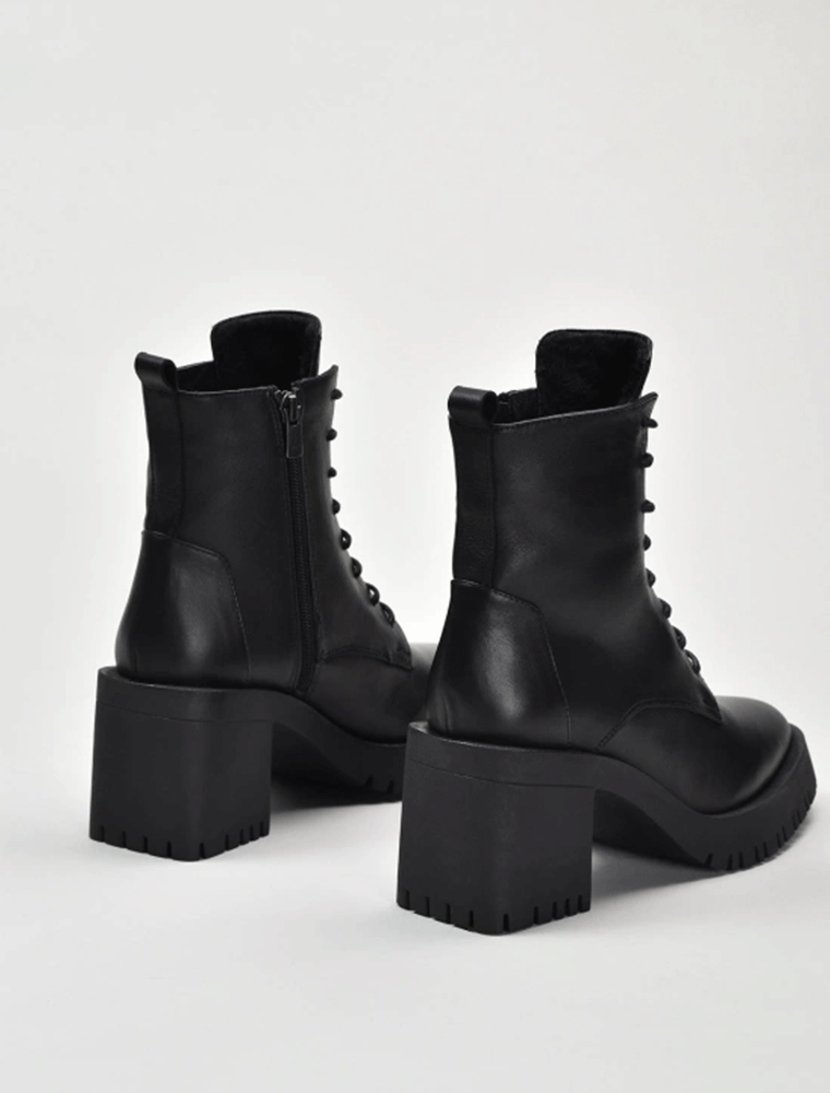 Lace-Up V-Toe Chunky Heel Leather Booties