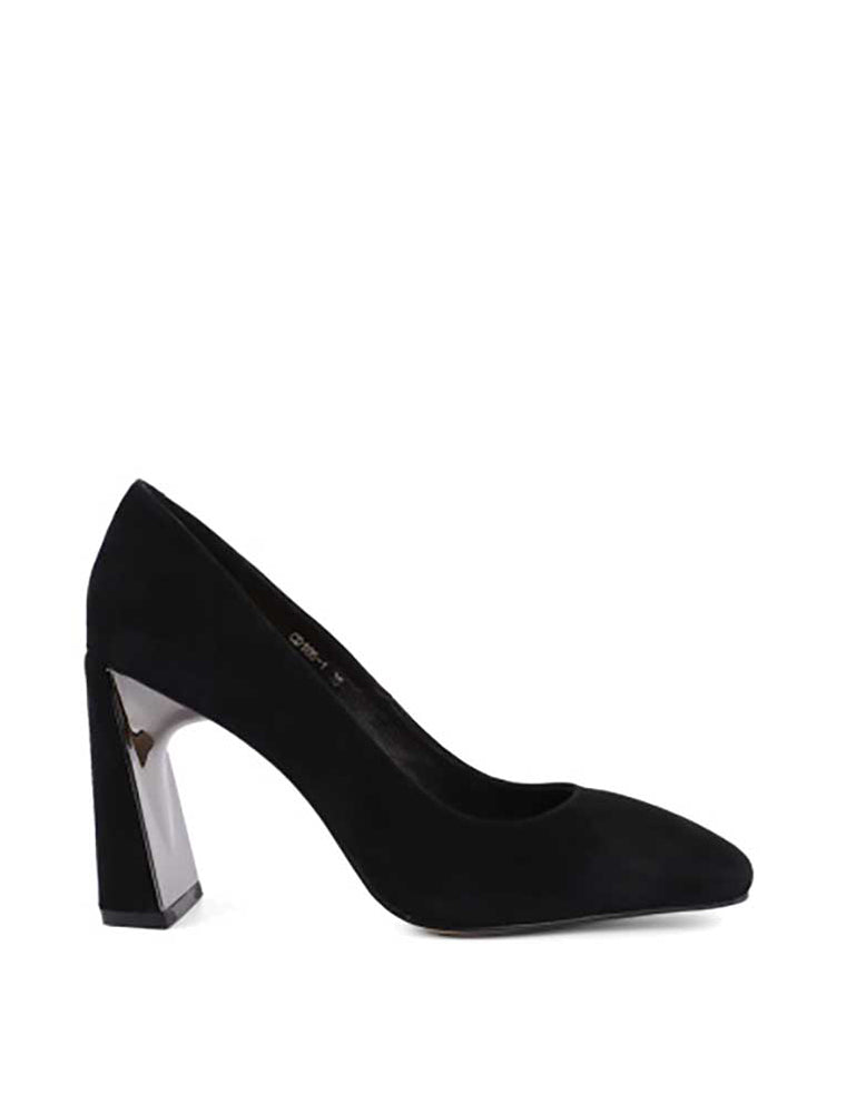 Metal Heel Square Toe Suede Pumps, Black