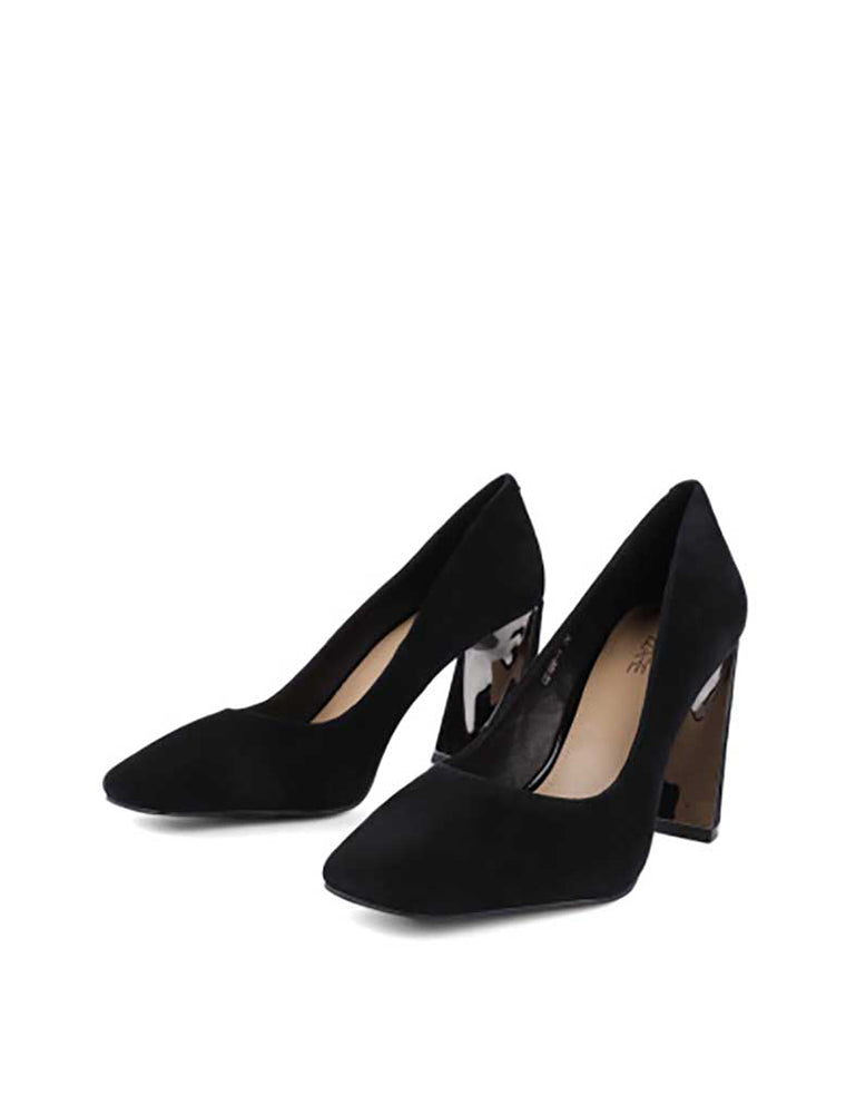 Metal Heel Square Toe Suede Pumps, Black