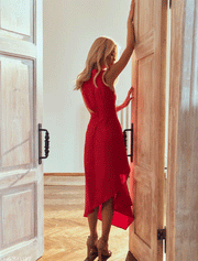 Asymmetrical Waist Cut-Out Midi Dress, Red