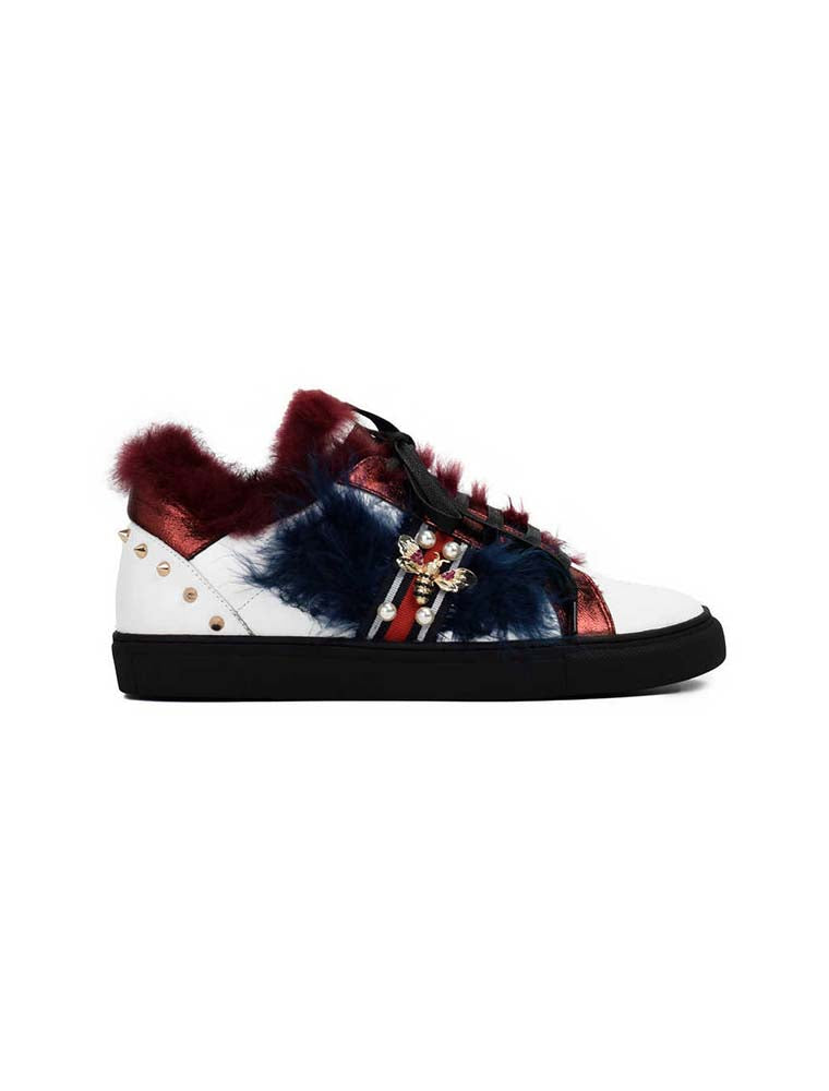 Multi Color Rabbit Fur Spiked Leather Sneakers