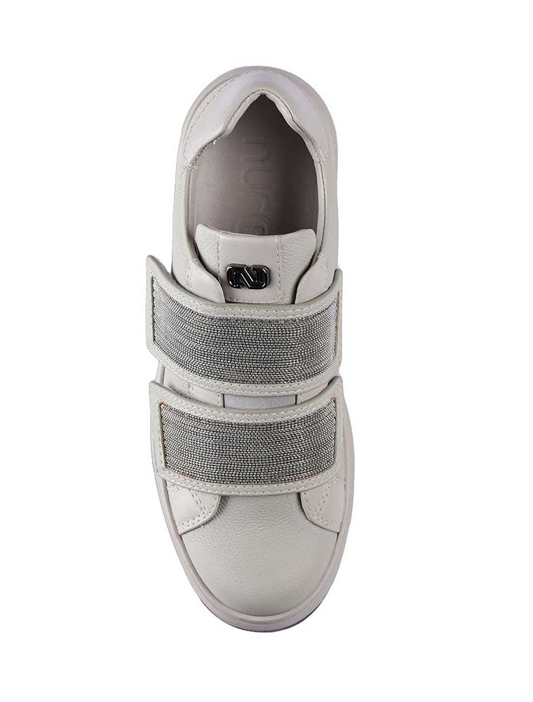 Women's Leather W-Strap Sneakers with Python Detail, Beige