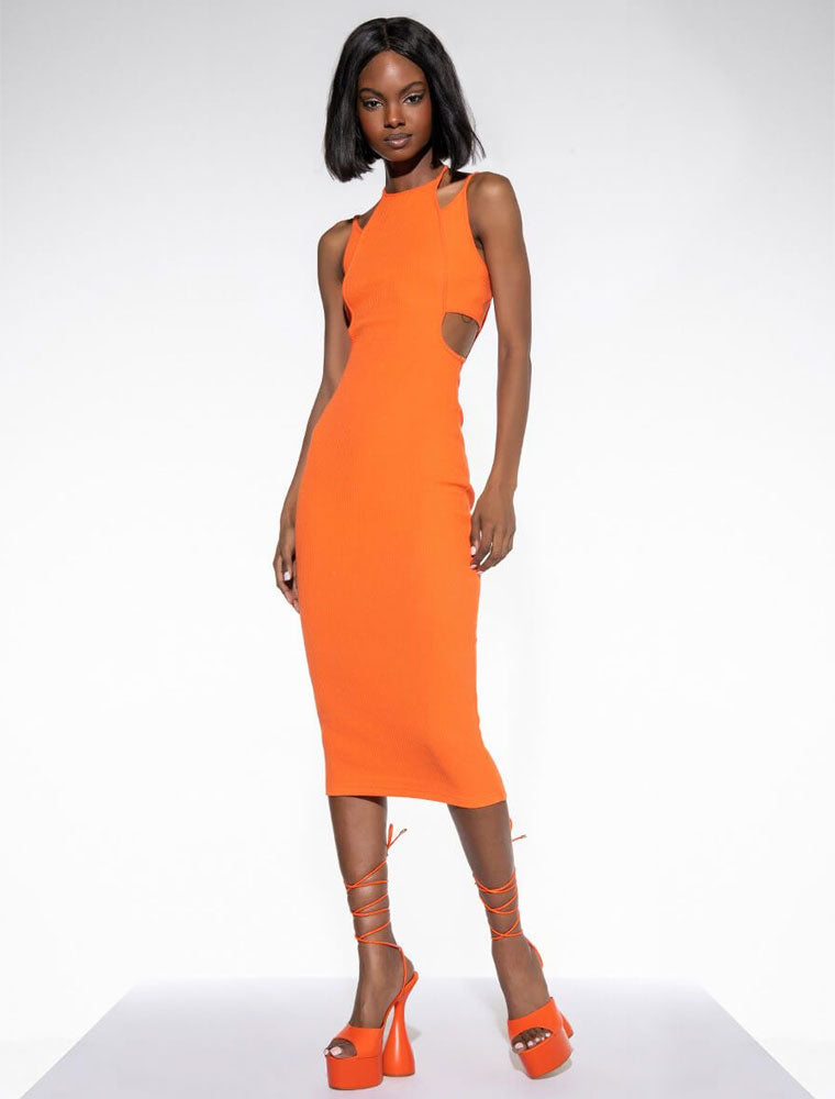 Cut-Out Bodycon High Neck Dress, Orange