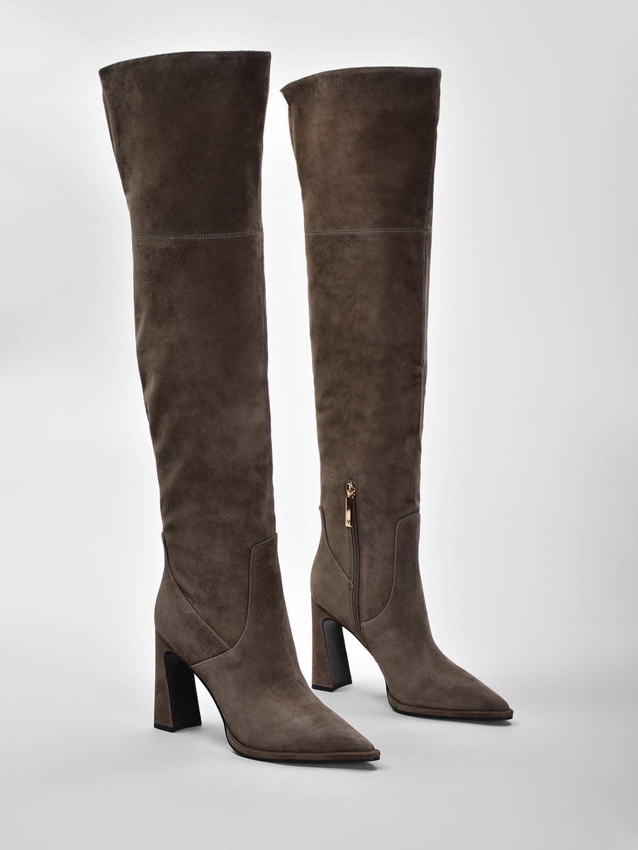 Over-the-Knee Suede Boots, Taupe