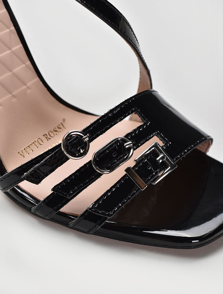 Patent Leather Square Toe Strappy Sandals, Black