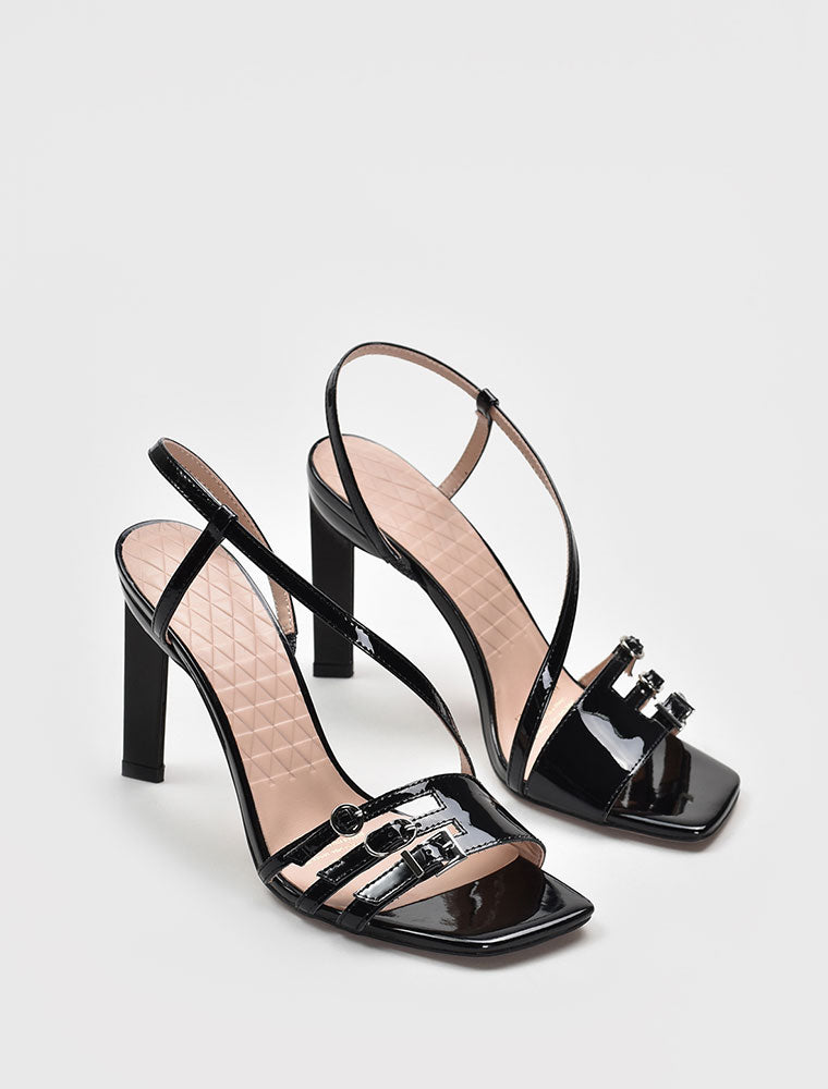 Patent Leather Square Toe Strappy Sandals, Black