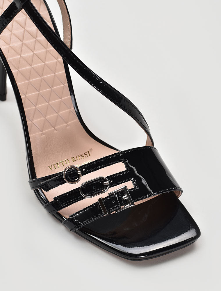 Patent Leather Square Toe Strappy Sandals, Black