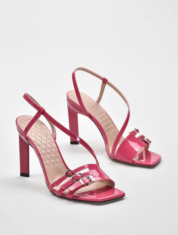 Patent Leather Square Toe Strappy Sandals, Fuchsia