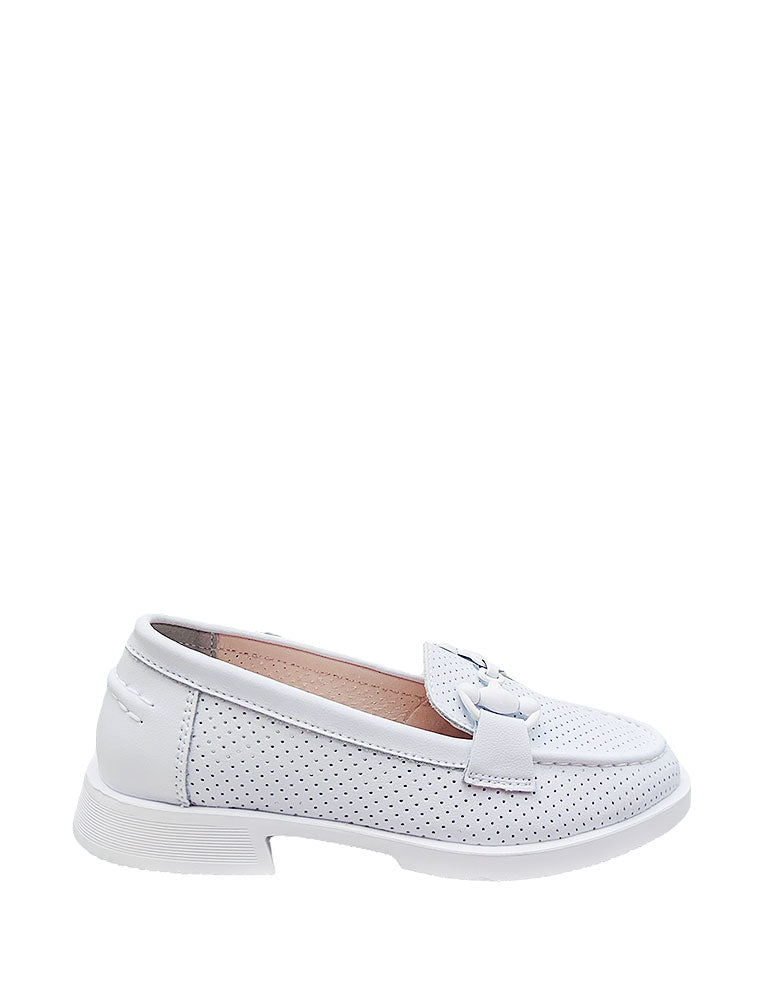 Perforated Chain Round Toe Detail Loafers