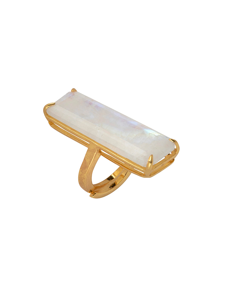 Lucille Ring, Rainbow Moonstone, 14K Gold Plated Adjustable