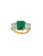 Annette Ring, Green Onyx and Blue Topaz, 14K Gold Plated Adjustable