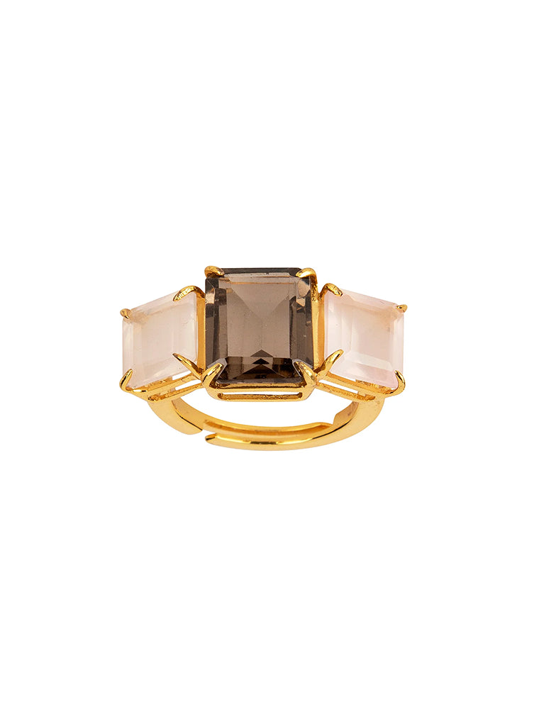 Annette Ring, Smoky Quartz and Rose Quartz, 14K Gold Plated Adjustable