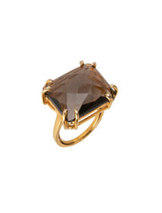 Veronica Ring, Smoky Quartz Square Checkers Cut, 14K Gold Plated Adjustable