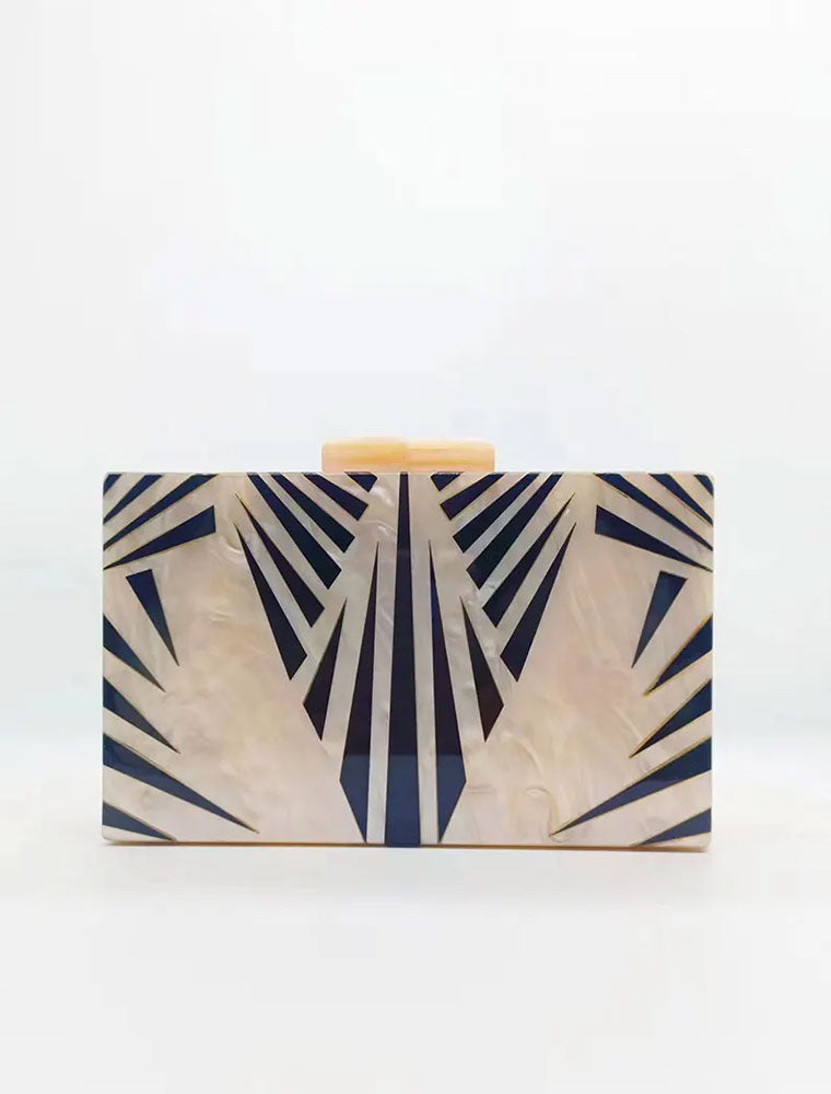 Rectangular Acrylic Clutch Bag, Beige/Black Feathers