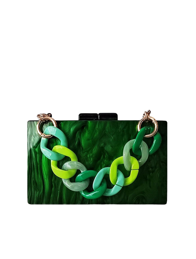 Rectangular Acrylic Clutch Bag, Green Flames