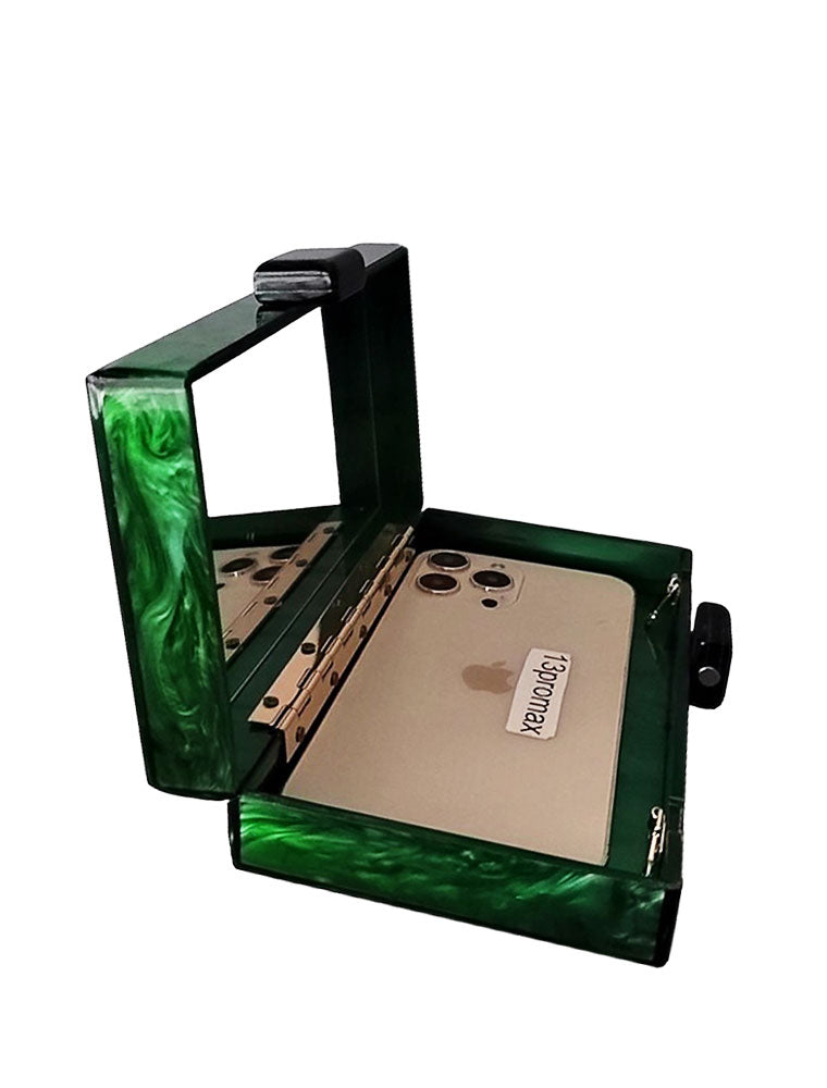 Rectangular Acrylic Clutch Bag, Green Flames