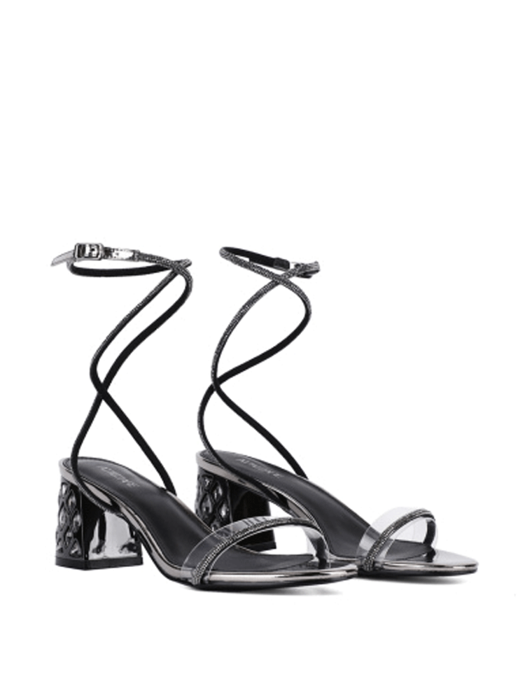 Rhinestone Strap Chunky Heel Sandals, Gunmetal