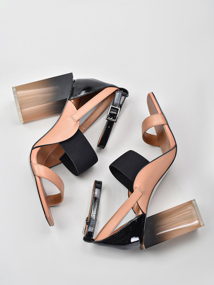 Smoky Block Heel Sandals, Black/Beige