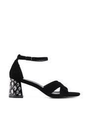 Suede Sandals with Rhinestone Chunky Heel, Black