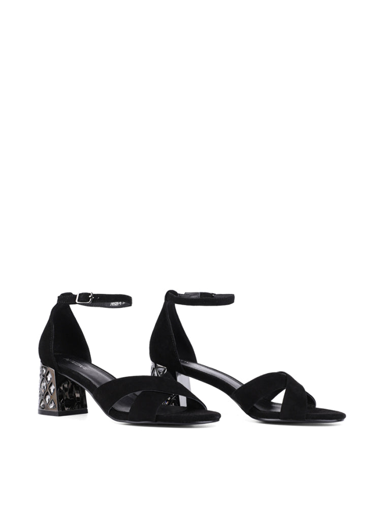 Suede Sandals with Rhinestone Chunky Heel, Black