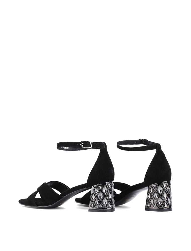 Suede Sandals with Rhinestone Chunky Heel, Black