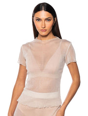 Translucent Tee with Ruffled Bottom, Beige