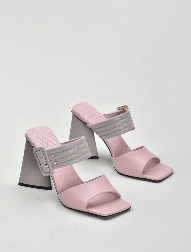 Triangular Heel Multicolored Sandals, Pink/Grey