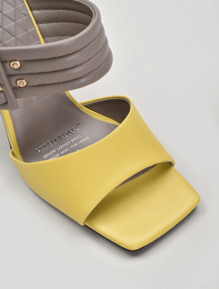 Triangular Heel Multicolored Sandals, Yellow/Grey