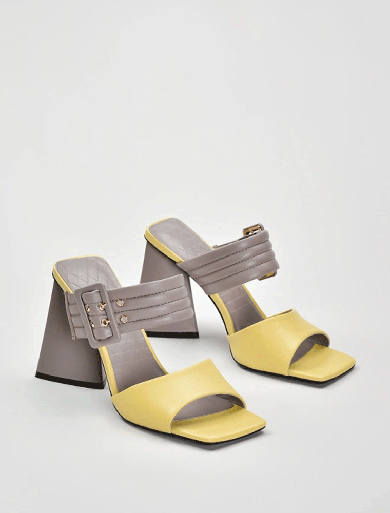 Triangular Heel Multicolored Sandals, Yellow/Grey