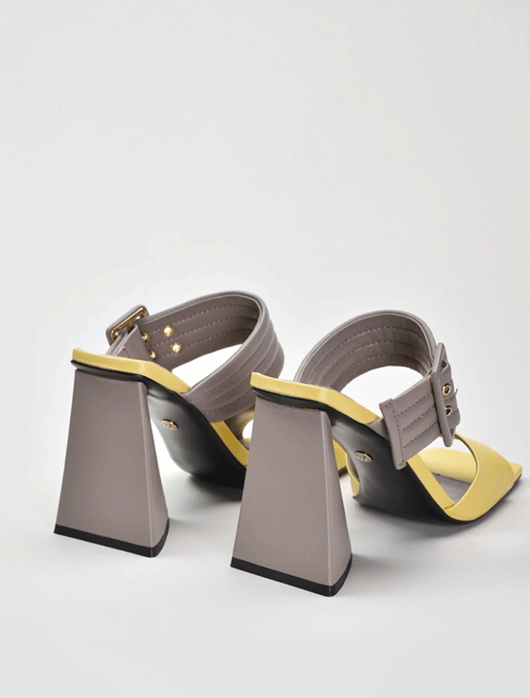 Triangular Heel Multicolored Sandals, Yellow/Grey