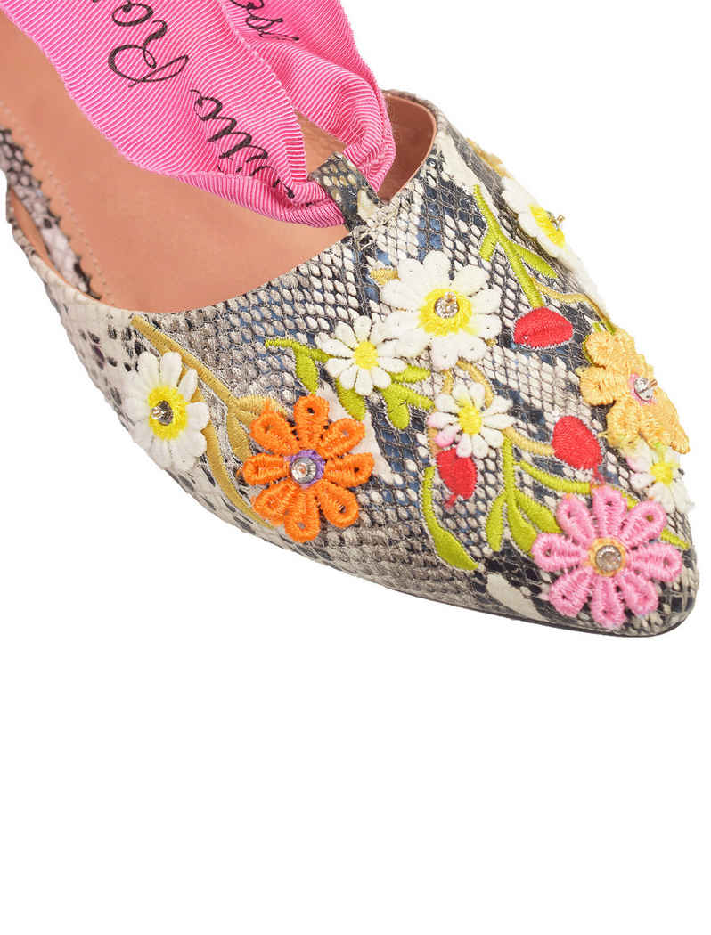 VR Tie Embroidered Python Slingback Flats, Multicolor