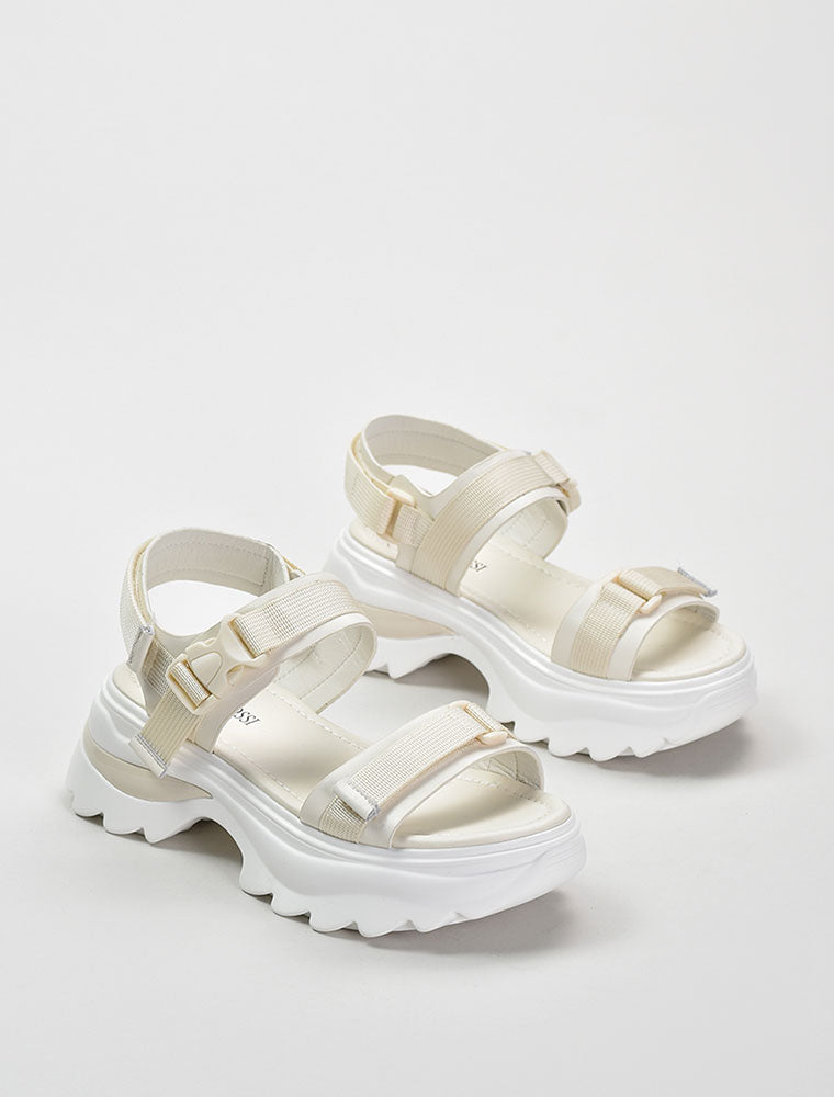 Velcro Strap Sporty Platform Sandals, Cream