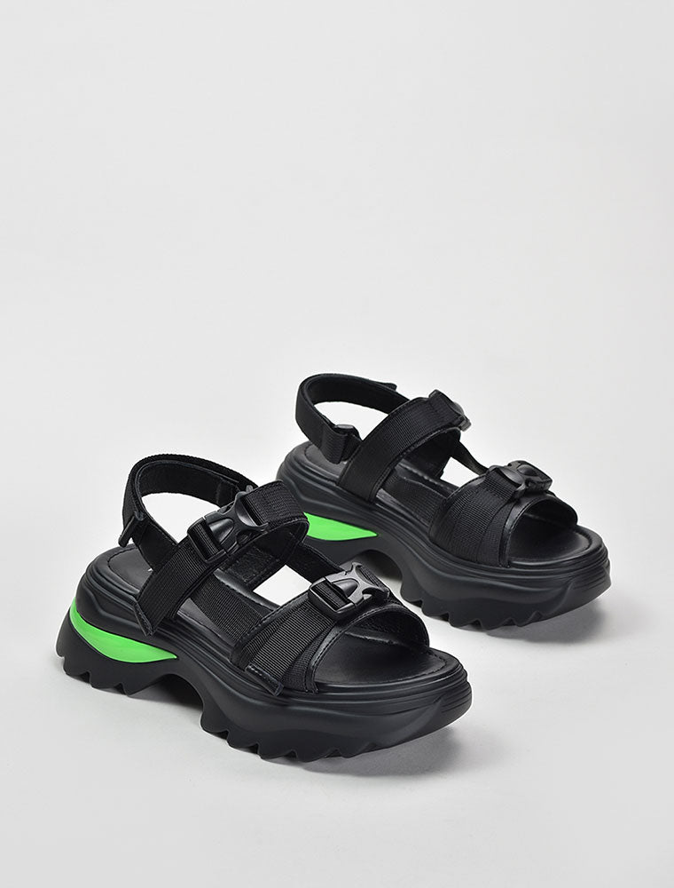 Velcro Strap Sporty Platform Sandals with Lime Stripe, Black