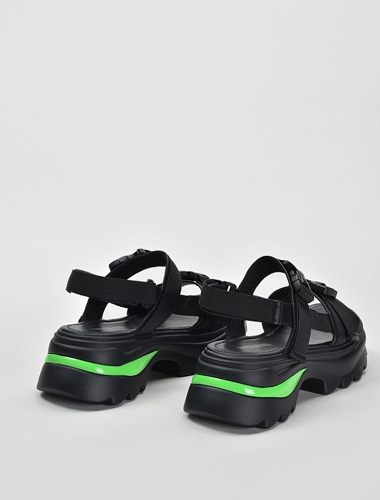 Velcro Strap Sporty Platform Sandals with Lime Stripe, Black