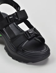 Velcro Strap Sporty Platform Sandals with Lime Stripe, Black