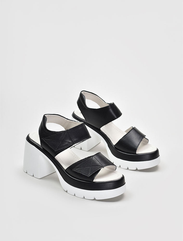 White Platform Velcro Strap Chunky Heel Sandals, Black