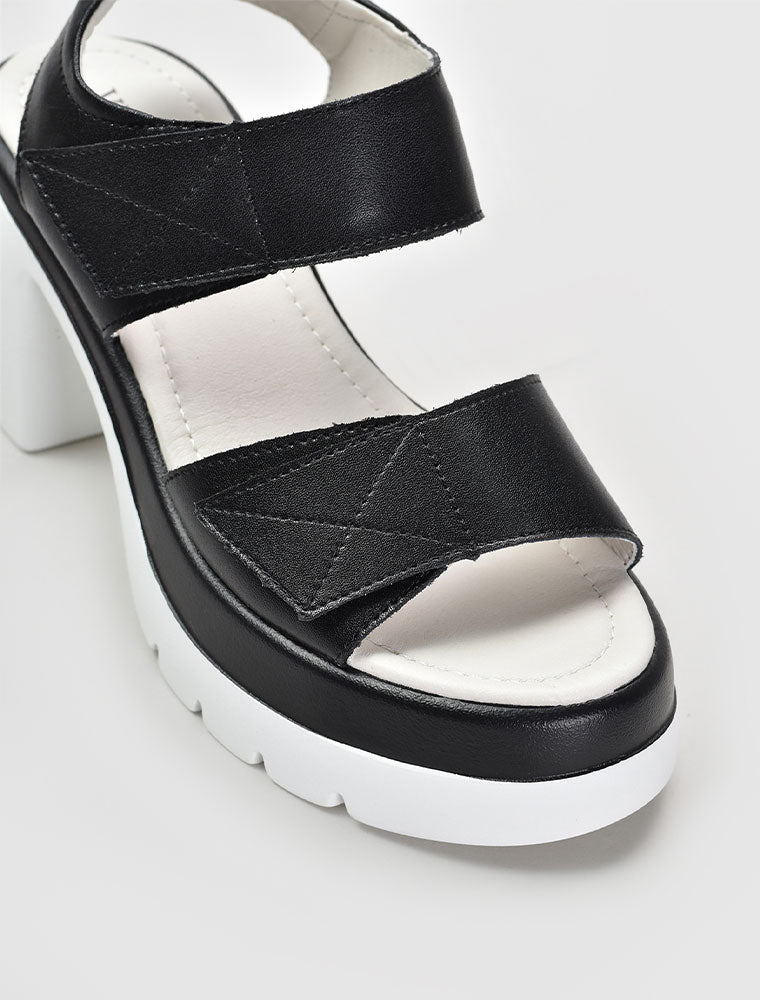 White Platform Velcro Strap Chunky Heel Sandals, Black