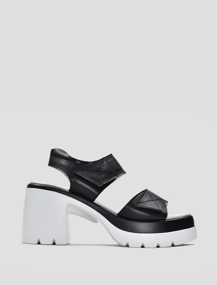 White Platform Velcro Strap Chunky Heel Sandals, Black