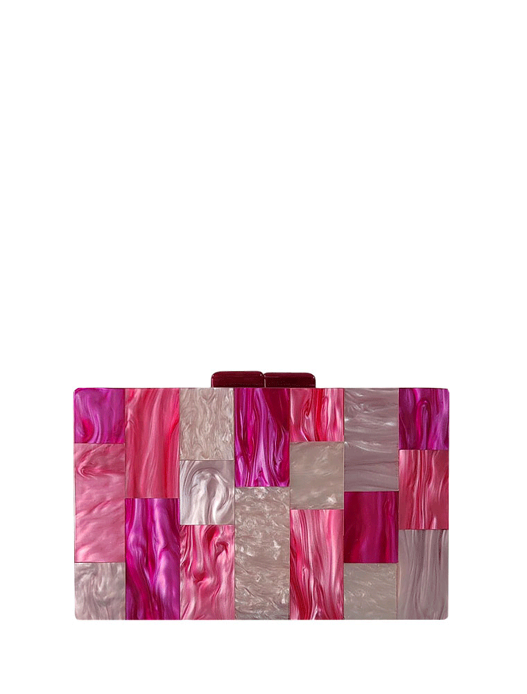 Rectangular Geometrical Design Acrylic Clutch, Multicolor / Fuchsia