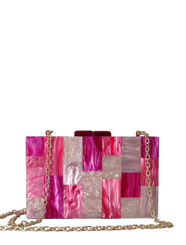 Rectangular Geometrical Design Acrylic Clutch, Multicolor / Fuchsia