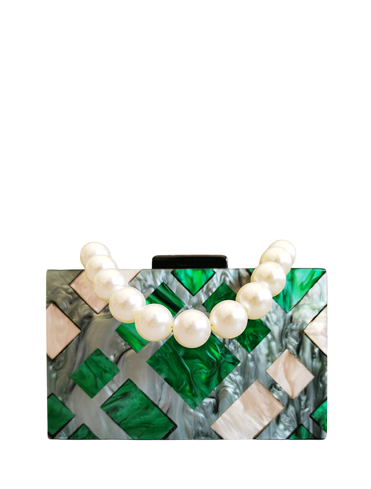 Rectangular Geometric Acrylic Clutch Bag, Pearl / Green