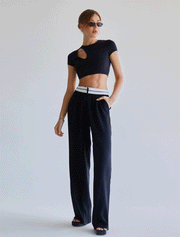 Wide Leg Trousers with Accent Belt, Black