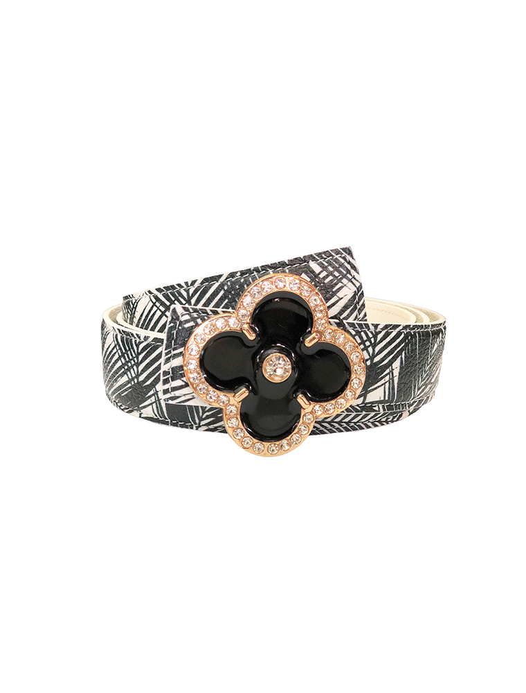 Flower Leather Belt, White w/ Fern Print