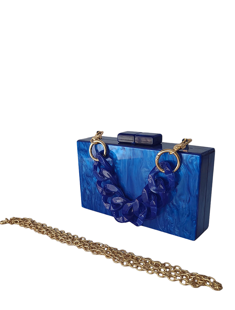 Rectangular Acrylic Clutch Bag, Blue Flames