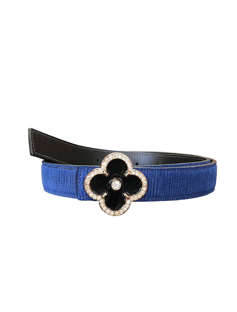 Flower Leather Belt, Embossed Suede Blue