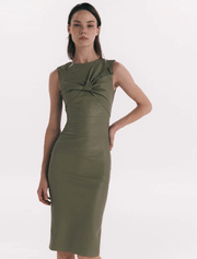 Bodycon Twist Front Midi Leather Dress, Army Green