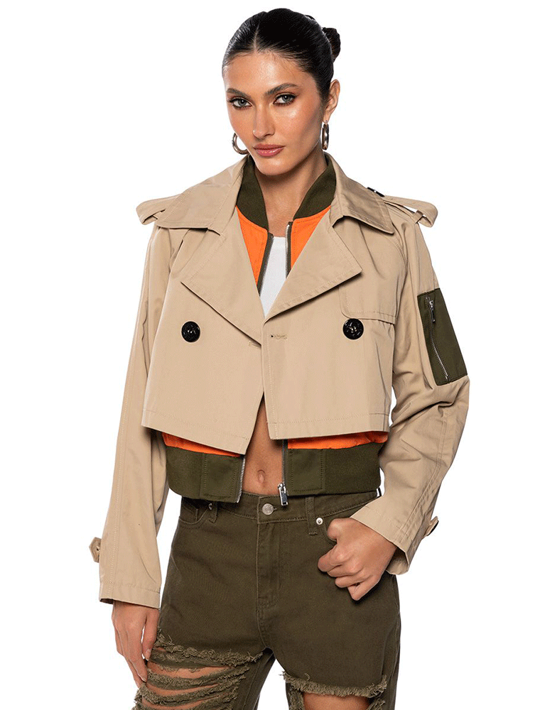 Cropped Trench Bomber, Beige/Multi